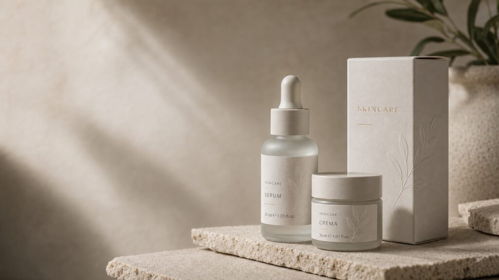 Packaging cosmetico premium con etichette materiche, flacone, vasetto e astuccio coordinati