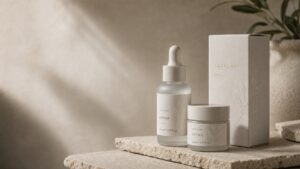 Packaging cosmetico premium con etichette materiche, flacone, vasetto e astuccio coordinati