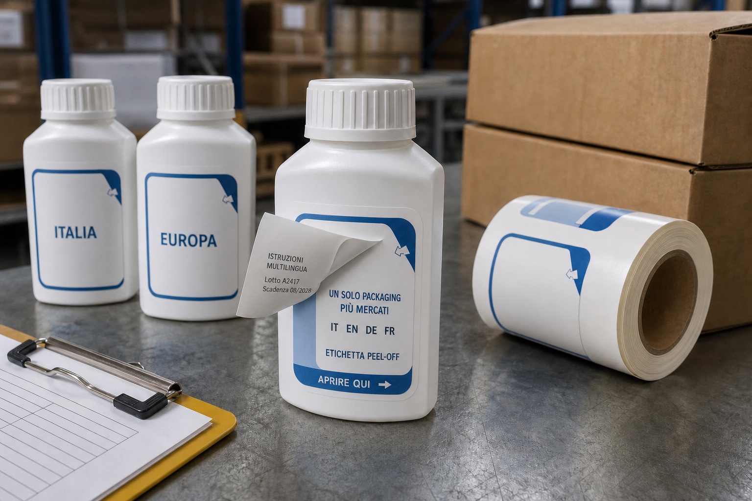 Contenitori destinati a mercati diversi con una sola etichetta peel-off multilingua