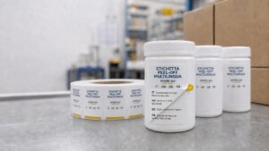 Etichetta peel-off multilingua con testi in italiano, inglese, tedesco e francese