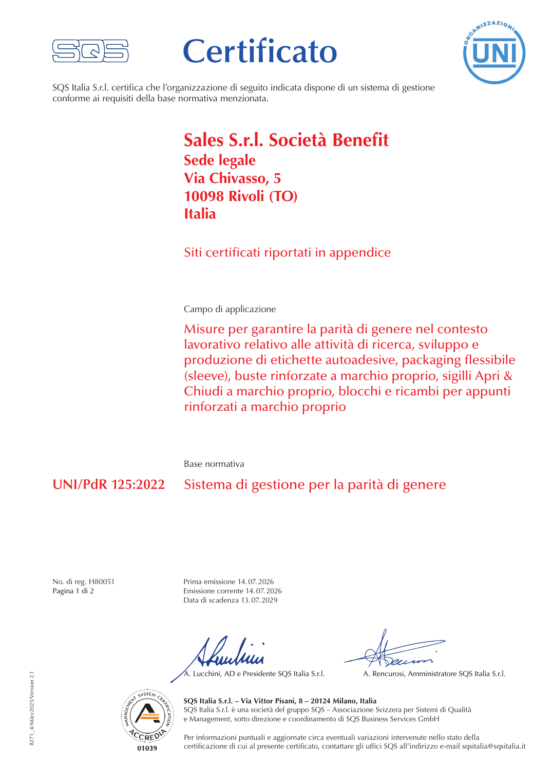 Prima pagina del certificato SQS UNI/PdR 125:2022 rilasciato a Sales