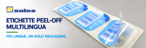 Etichette peel-off multilingua SALES: campione aperto rielaborato da fotografia reale, con titolo e logo ufficiale.